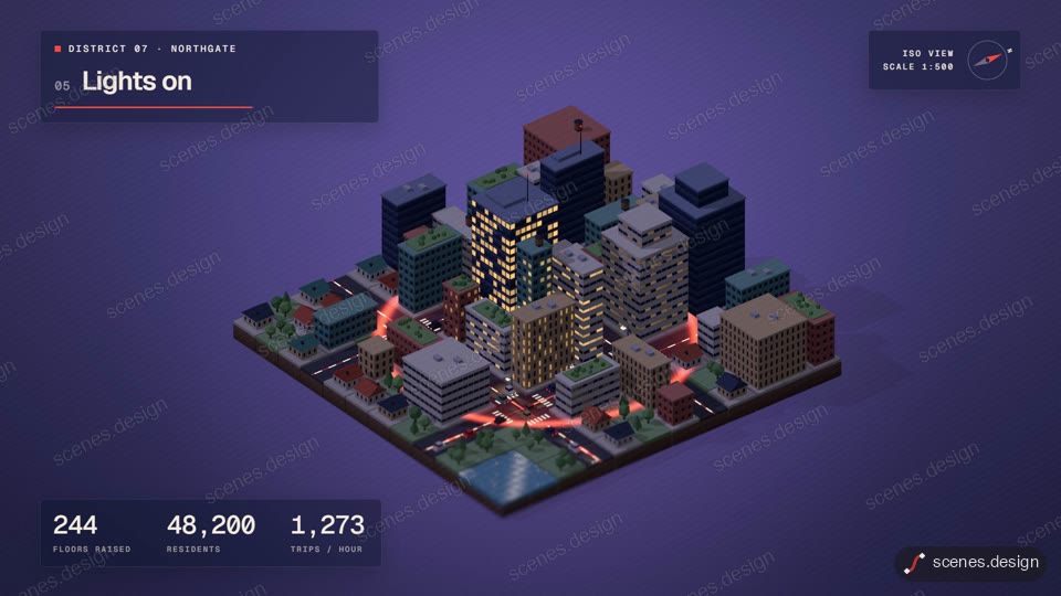 Isometric city builds itself: 3d motion scene