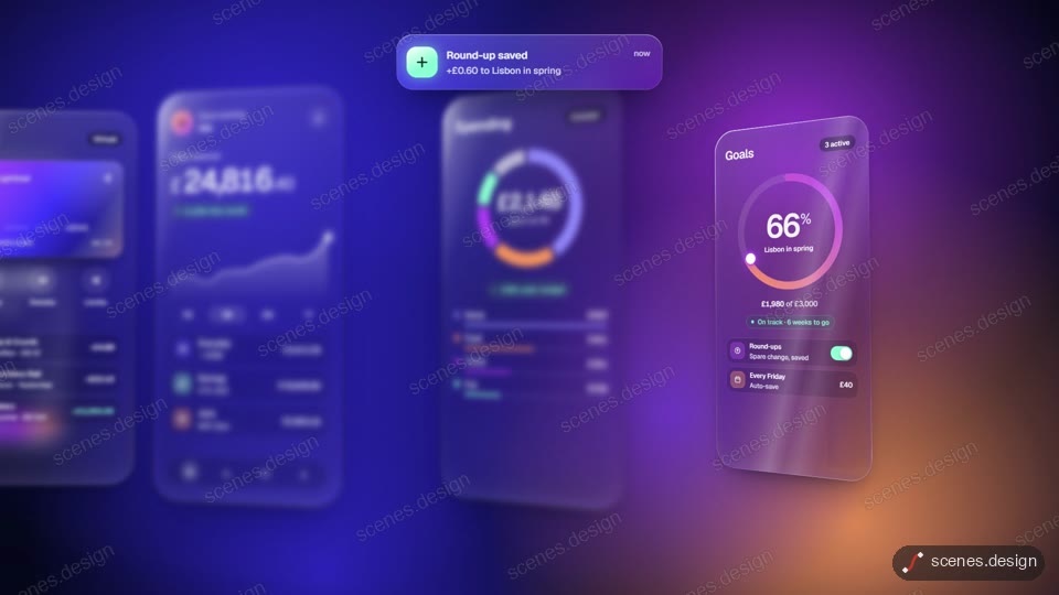 Glassmorphism UI parallax: app ui motion scene