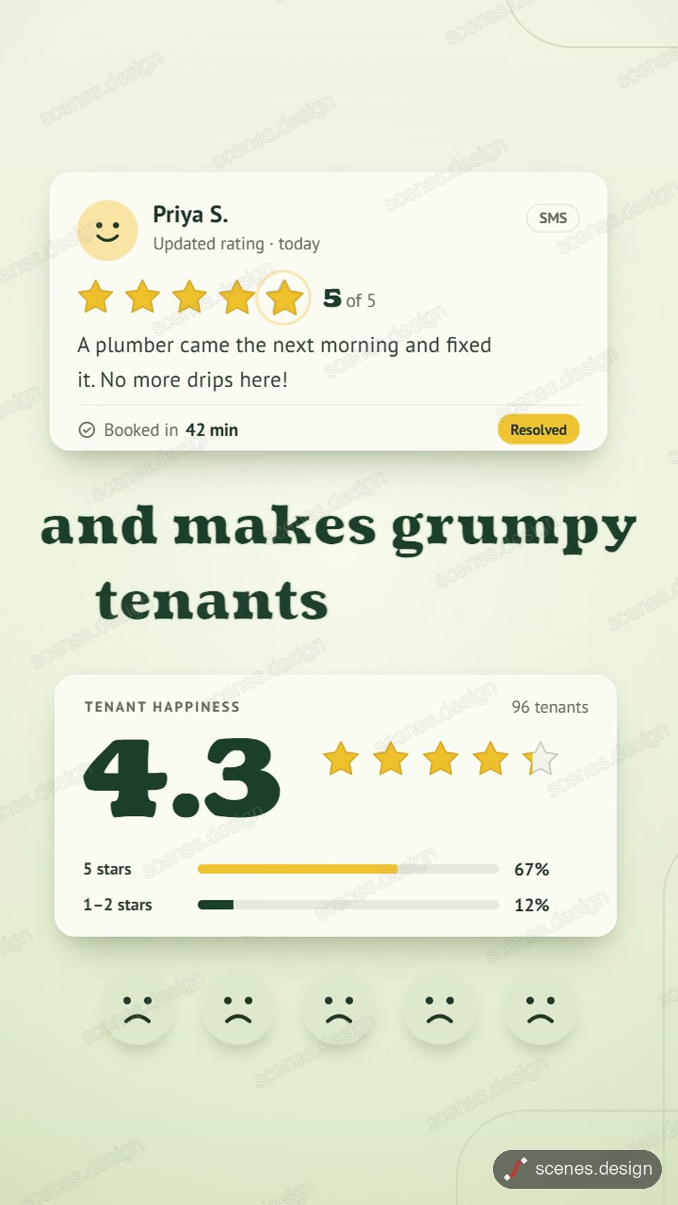 Complaint card flips to five stars: five star rating animation